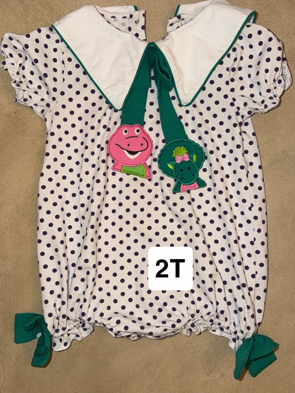 Polka Dot Toddler Romper with Green Trim and Animal Appliques